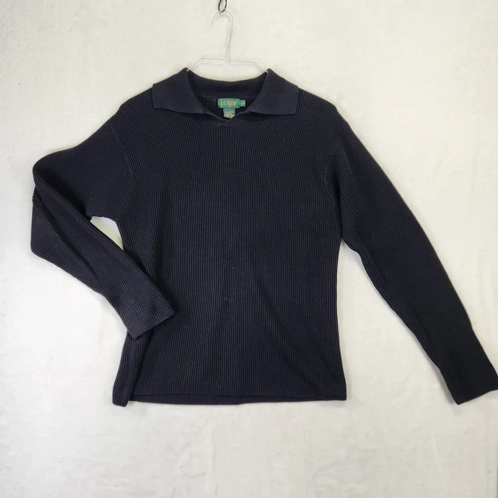 Vintage J.Crew Mens Navy Blue Ribbed Cotton Polo Sweater Made in Hong‎ Kong S